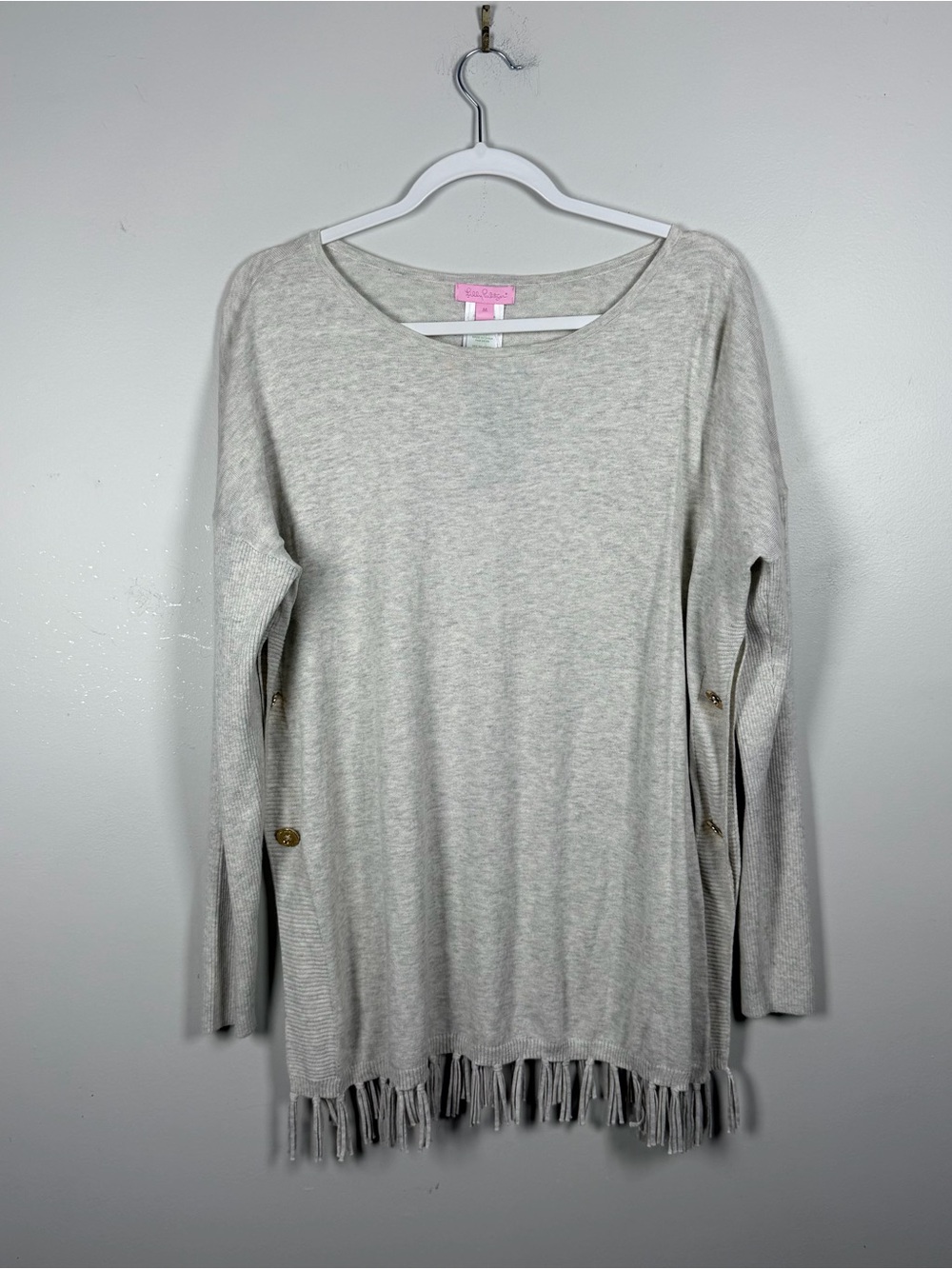 New Lilly Pulitzer Ramona Fringe Sweater Heathered Grey Size Medium Neutral